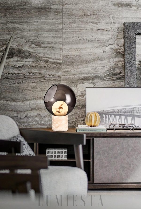 Draco - Lampa stołowa 25 cm, przydymione szkło, alabaster, biało-czarna