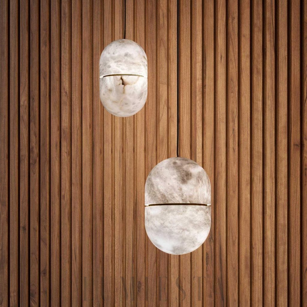 Yum - lampa wisząca alabastrowa owalna, widok podświetlonego korpusu
