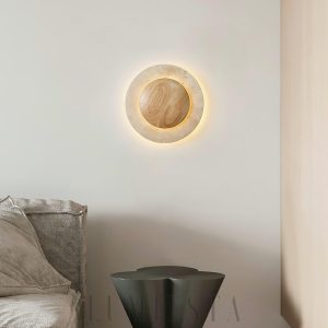 wm_13469005287240958011.jpg Elegancka okrągła lampa ścienna trawertyn drewno 25cm ciepła