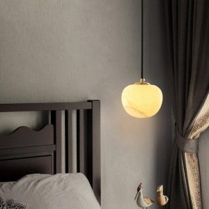 Kuntar - Okrągła lampa wisząca z alabastru biała/złota 15 cm