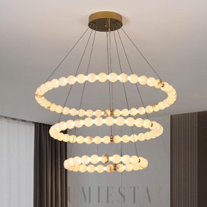 Lupria - okrągła lampa wisząca z alabastru, białe kule, złota rama, Ø 50/60/80/100cm, wielopoziomowa
