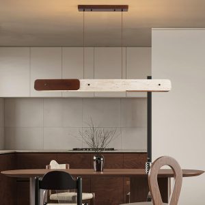 Lampa podłużna z trawertynu i drewna, 120cm, beżowy orzechowy do jadalni