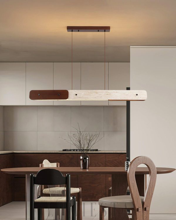 Lampa podłużna z trawertynu i drewna, 120cm, beżowy orzechowy do jadalni