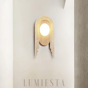 Vima - Beżowa lampa ścienna, trawertyn i drewno, stylowy kinkiet 18x40cm