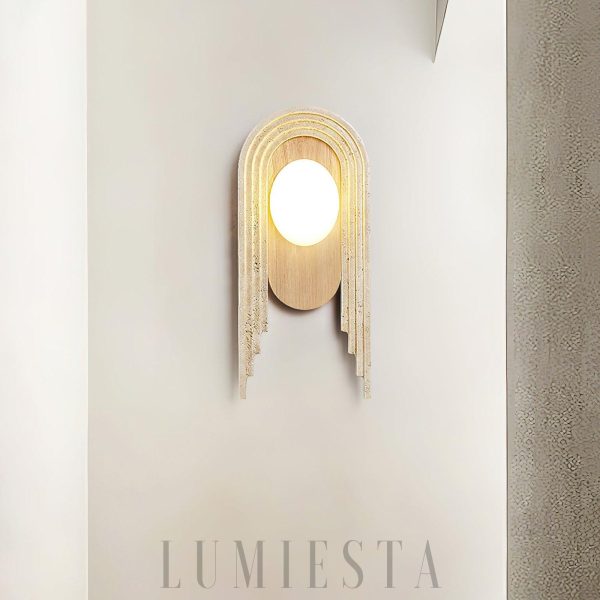 Vima - Beżowa lampa ścienna, trawertyn i drewno, stylowy kinkiet 18x40cm