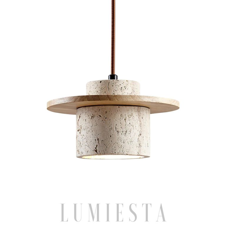 Wisząca lampa z trawertynu i drewna Stonova Duo, elegancka forma z naturalnymi materiałami