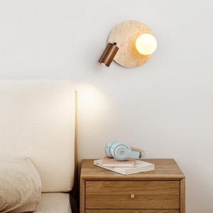 Lunara Duo okrągła lampa ścienna z trawertynu w kolorze orzechowym, 2 punktowa, nowoczesny kinkiet