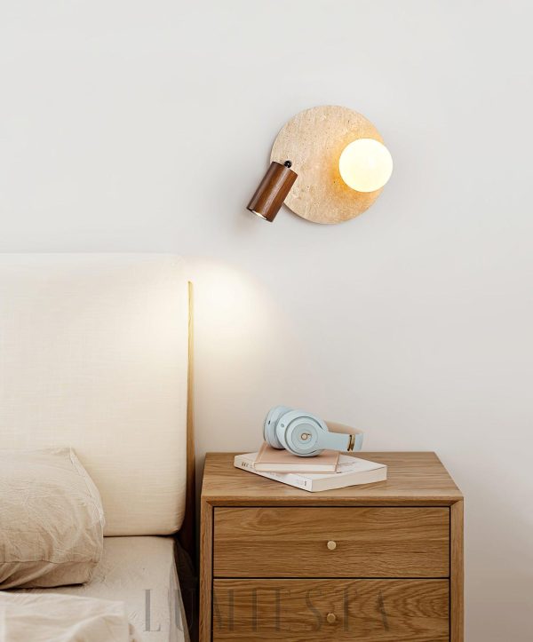 Lunara Duo okrągła lampa ścienna z trawertynu w kolorze orzechowym, 2 punktowa, nowoczesny kinkiet