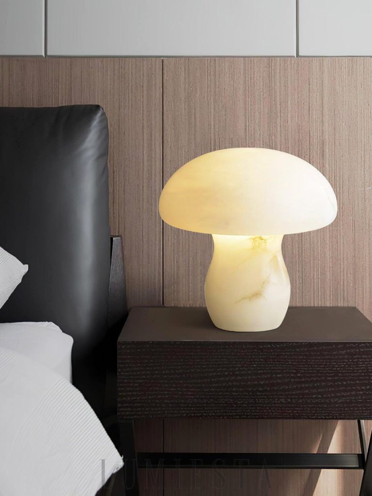 Corsica - lampa stołowa alabaster grzybek z mlecznym kloszem i ciepłym światłem
