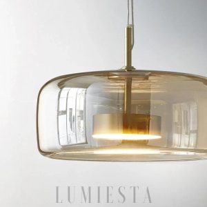 Szklana lampa wisząca industrialna 35 cm, widok z boku na smukły klosz