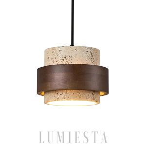 Stonova - Lampa wisząca cylinder z naturalnego trawertynu i drewna, 4 wielkości, skandynawska