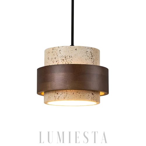 Stonova - Lampa wisząca cylinder z naturalnego trawertynu i drewna, 4 wielkości, skandynawska