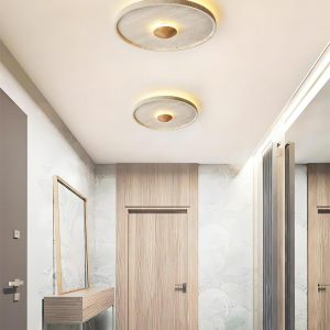 Lampa sufitowa dysk travertyn z drewnianym środkiem 42cm