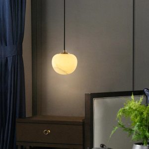 Kuntar - Okrągła lampa wisząca z alabastru biała/złota 15 cm