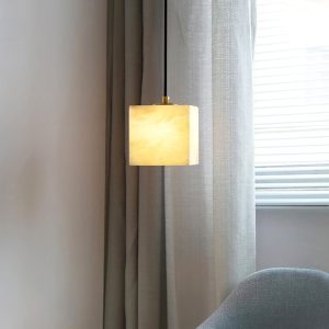 Lampa wisząca kwadratowa z alabastru biało-złota 12cm