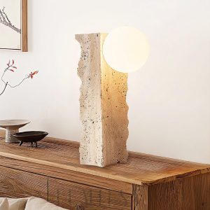 Lampa stołowa trawertynowa kolumna z kulistym kloszem beżowa