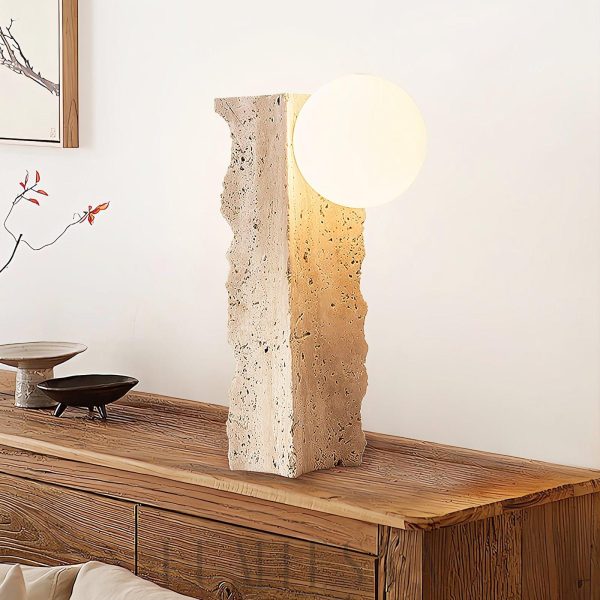 Lampa stołowa trawertynowa kolumna z kulistym kloszem beżowa