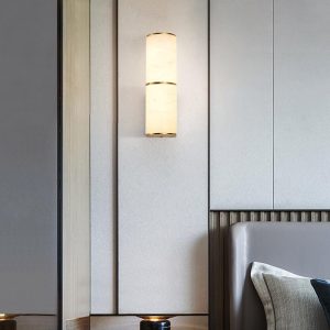 Lampa ścienna cylindryczna alabastrowa, biała, złota - Kinkiet długość 26/40/58cm