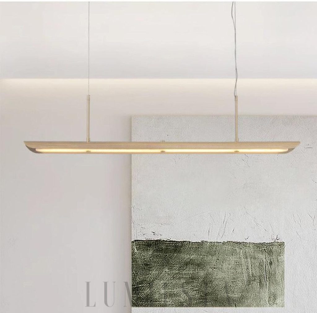 Stylowa lampa wisząca linearna 140 cm z alabastru i mosiądzu - detal białego klosza