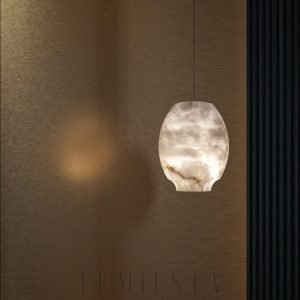 Lampa wisząca Camille z alabastru - widok z dołu, gładki krąg światła i metalowa podsufitka