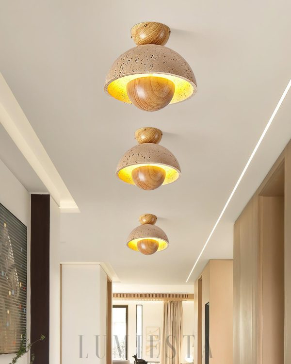 Lampa sufitowa z trawertynu, beżowo orzechowa półkula 23 cm z miękkim światłem