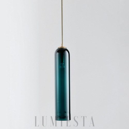 Szklana lampa wisząca tuba z długim, cylindrycznym kloszem i metalowym zawieszeniem