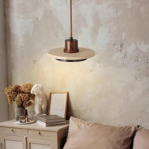 Travertynowa retro lampa wisząca dysk 20cm beżowy orzechowy