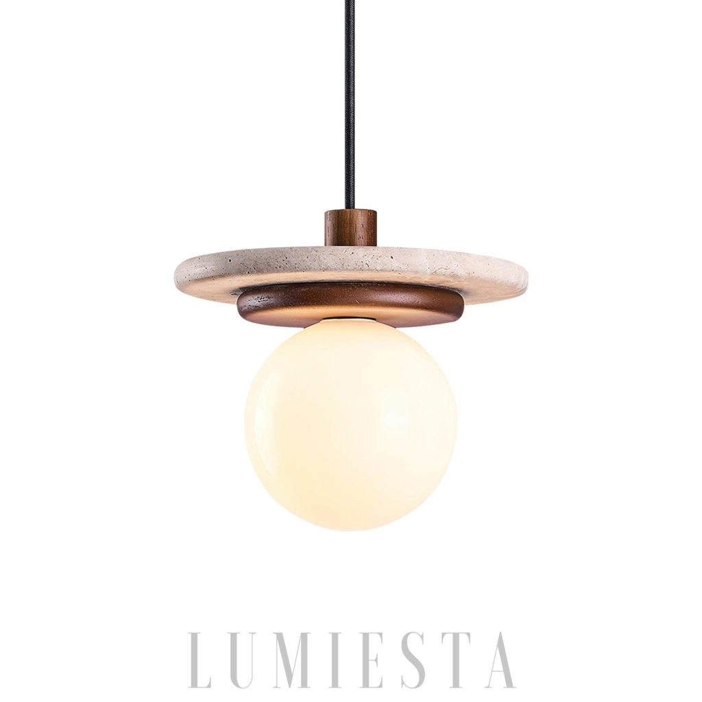 Lampa wisząca trawertynowa ze szklaną kulą, Murto 20 cm, widok z przodu