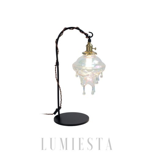 Czarna lampa stołowa metalowa ze szklanym witrażem Karakum, widok z przodu