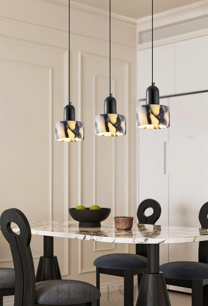 Luksusowa okrągła lampa wisząca z marmuru 12 cm 44 cm - cała bryła na neutralnym tle