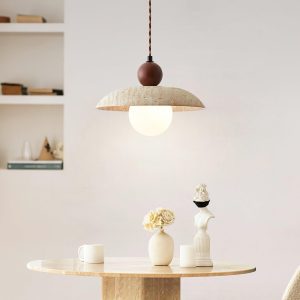 Lampa wisząca trawertyn z drewnianą kulą 25x20cm beż orzech