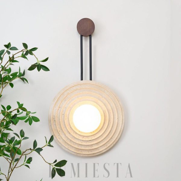 Marrakech - Okrągła lampa ścienna - trawertyn i drewno, Ø 33 cm, jasny/ciemny orzech, kinkiet do salonu