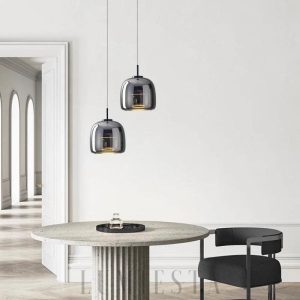 Szklana lampa wisząca industrialna 35 cm, pełny widok modelu z profilu