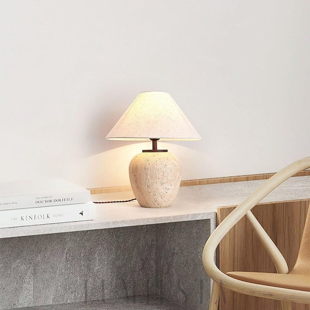 Aoji - lampa stołowa travertynowa beżowa, profil misy 48 cm