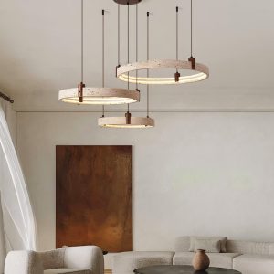 Luksusowy okrągły pierścieniowy żyrandol z naturalnego trawertynu i drewna, 2/3 okręgi