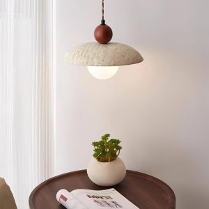 Lampa wisząca trawertyn z drewnianą kulą 25x20cm beż orzech