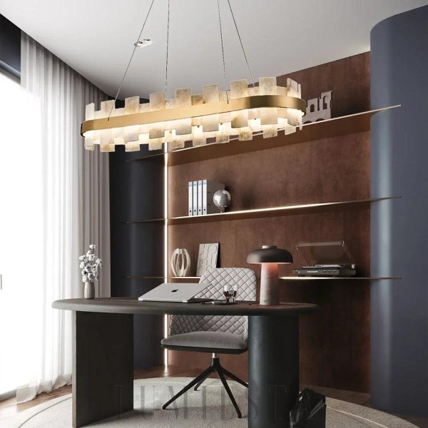 Anela - lampa wisząca w kształcie owalnym z alabastru, złoto-biała, żyrandol 95/125/150/180/200cm