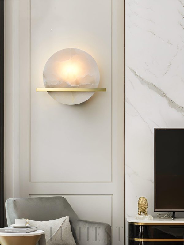 Savion - Lampa Ścienna Okrągła z Alabastru Mosiężna 20cm