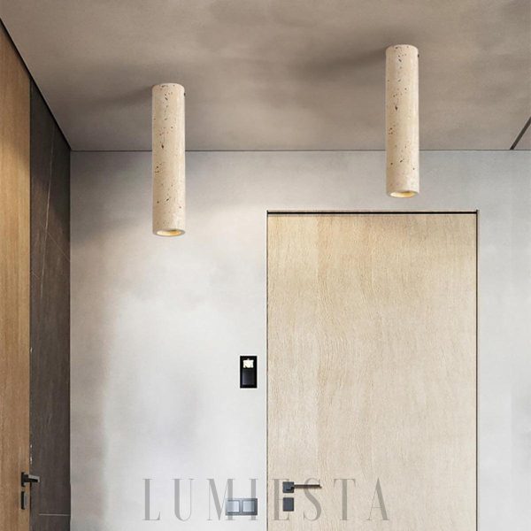 Punna - Cylindryczna lampa sufitowa Wabi Sabi, naturalny trawertyn beżowy, Ø6.5cm