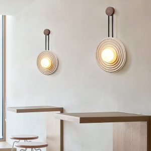 Marrakech - Okrągła lampa ścienna - trawertyn i drewno, Ø 33 cm, jasny/ciemny orzech, kinkiet do salonu