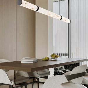 Lampa wisząca podłużna z alabastru, nowoczesna, biało złota 100/120/150 cm - Żyrandol nad stół