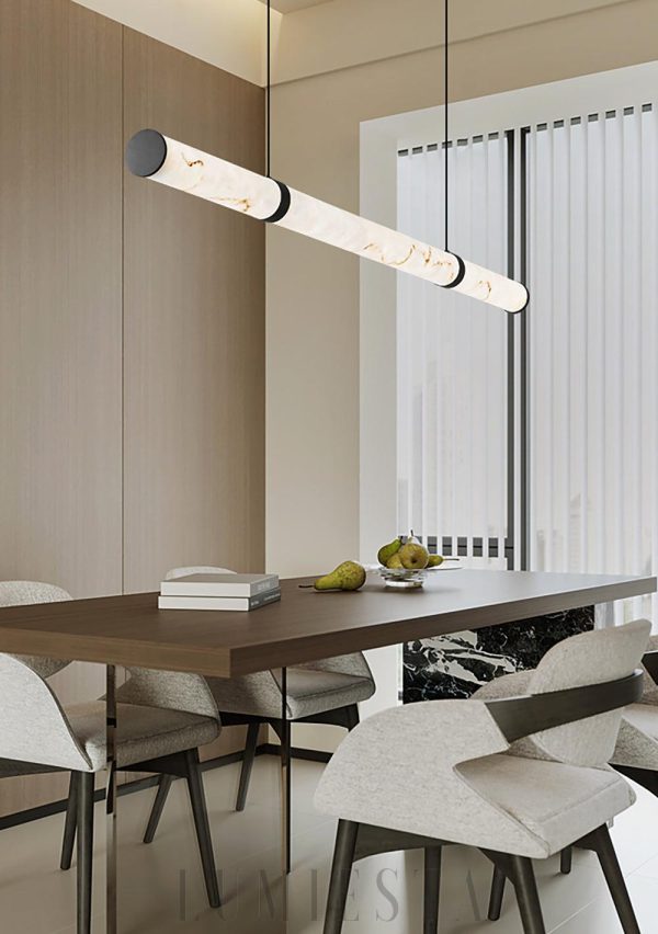 Lampa wisząca podłużna z alabastru, nowoczesna, biało złota 100/120/150 cm - Żyrandol nad stół