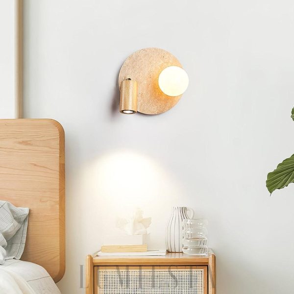 Lunara Duo okrągła lampa ścienna z trawertynu w kolorze orzechowym, 2 punktowa, nowoczesny kinkiet