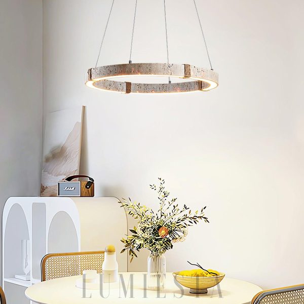 Dainolite - Okrągły żyrandol z trawertynu i drewna beżowy Ø40/50/60cm, do salonu, nad stół