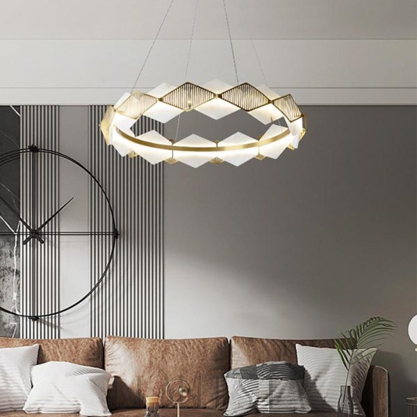 Portland - Żyrandol diamentowy okrągły, mosiądz i alabaster