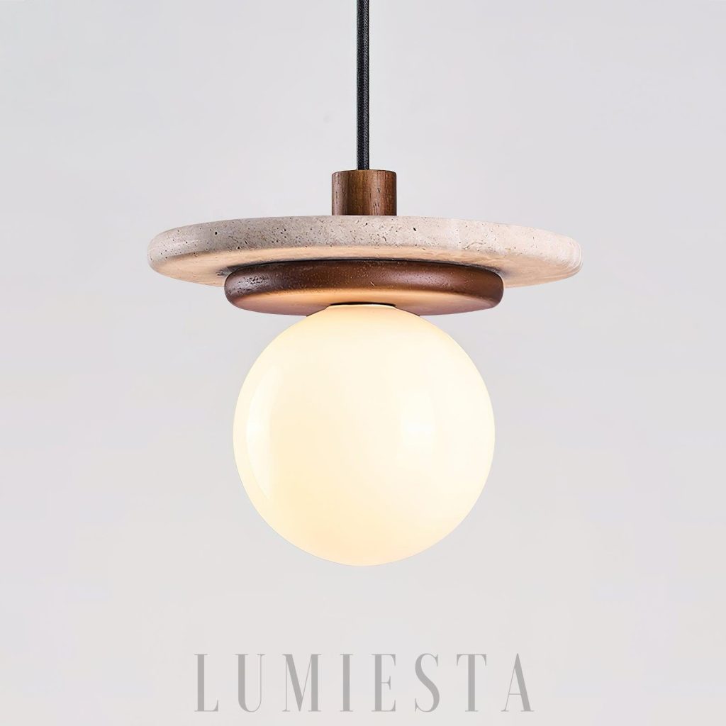 Murto - lampa wisząca trawertynowa ze szklaną kulą, widok od spodu