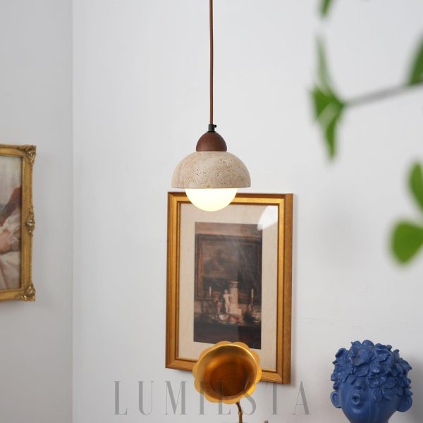 Półokrągła lampa wisząca z travertynu i beżowego szkła