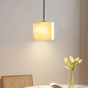 Lampa wisząca kwadratowa z alabastru biało-złota 12cm