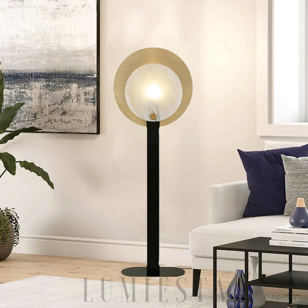 Lampa podłogowa alabaster okrągła Altai, wysoka smukła forma z cylindrycznym kloszem