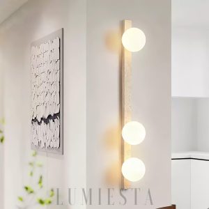 Verty - Pionowy kinkiet trawertynowy z kulistymi kloszami 95 cm